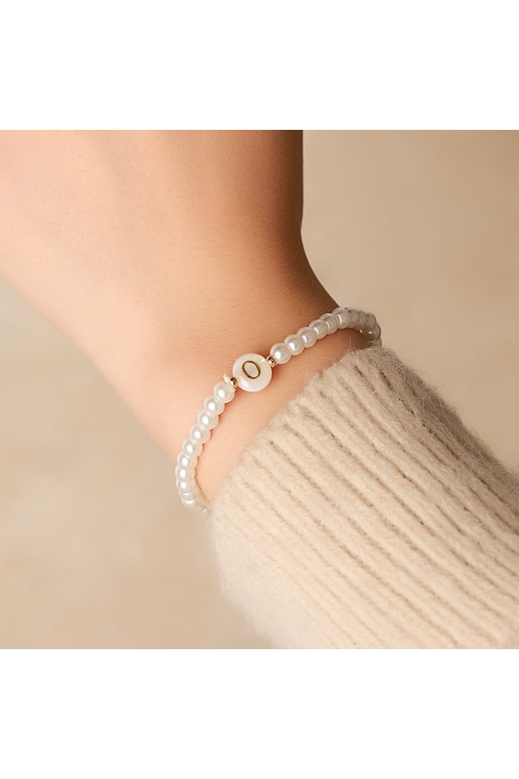 Alphabet Bracelet Alphabets Curved Faux Pearl Elastic Beaded Adjustable Decorative Solid Color Name Initial Letter Lady Bracelet Female Jewelry