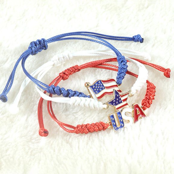 jiaroswwei American Independence Day Bracelet Fourth of July USA Letter Pendant American Flag Shape Adjustable Drawstring Tassel Rope Braided Wrist Jewelry