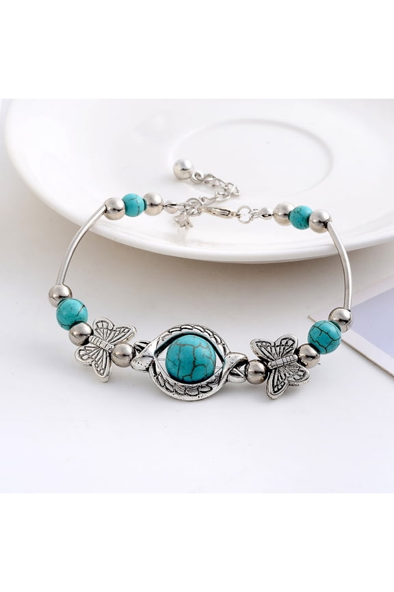 Butterflies Decor Adjustable Unisex Bracelet Alloy Handmade Turquoises Beads Retro Bracelet Jewelry Accessories