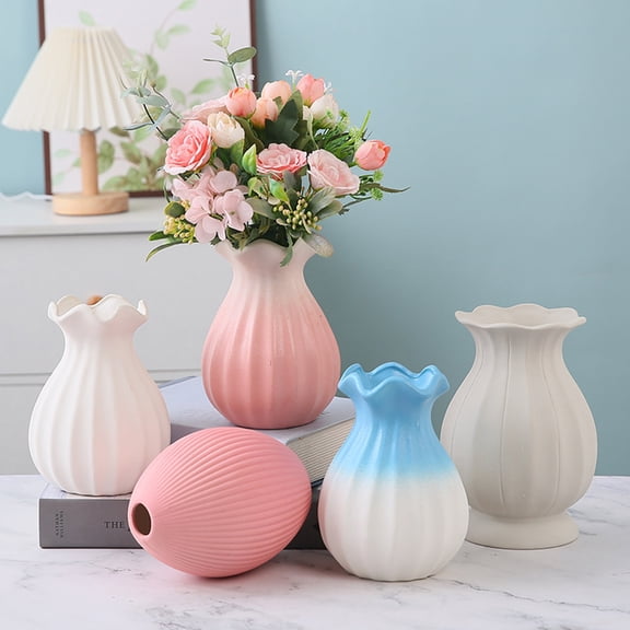 jiaroswwei Ceramic Vase Small Modern Flower Vase for Fresh/Artificial Flowers Ribbed Farmhouse Decorative Vase with Scalloped Rim for Living Room Kitchen Table Centerpiece