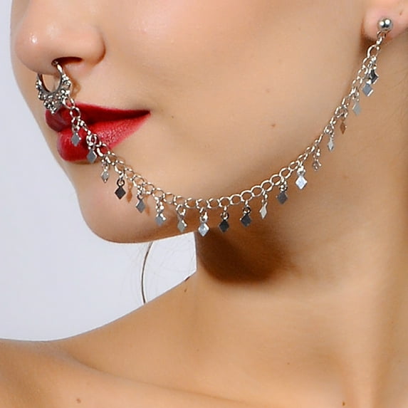 jiaroswwei Chain Earring Nose Clip Rhombic Tassels Plated Exaggerated Punk Geometric Nose Cuff Nose Jewelry