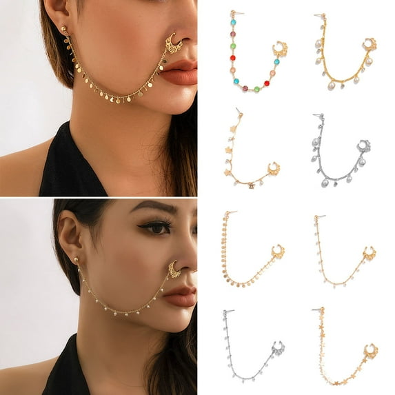 jiaroswwei Ethnic Style Star Leaf Faux Pearl Tassel Chain Nose Jewelry Piercing Stud Earrings Nose Ring Nose Chain