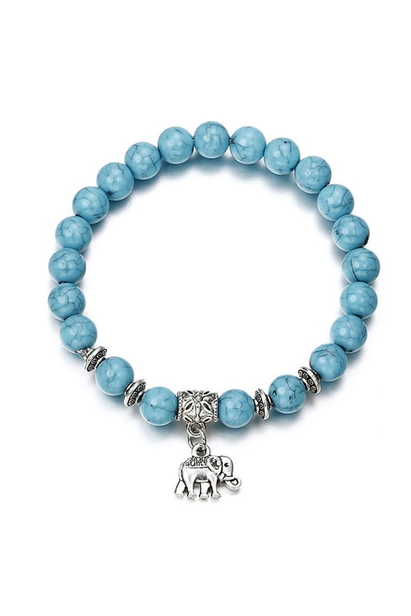 Ethnic Women Elephant Charm Faux Turquoise Beaded Bracelet Elastic Bangle Gift
