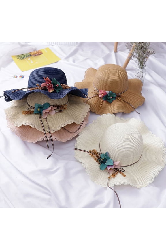 Fashion Girls Flower Straw Weaving Wide Brim Summer Beach Cap Sun Floppy Hat