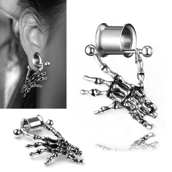 jiaroswwei Fashion Unisex Skeleton Hand Pendant Barbell Ear Flesh Tunnel Expander Piercing