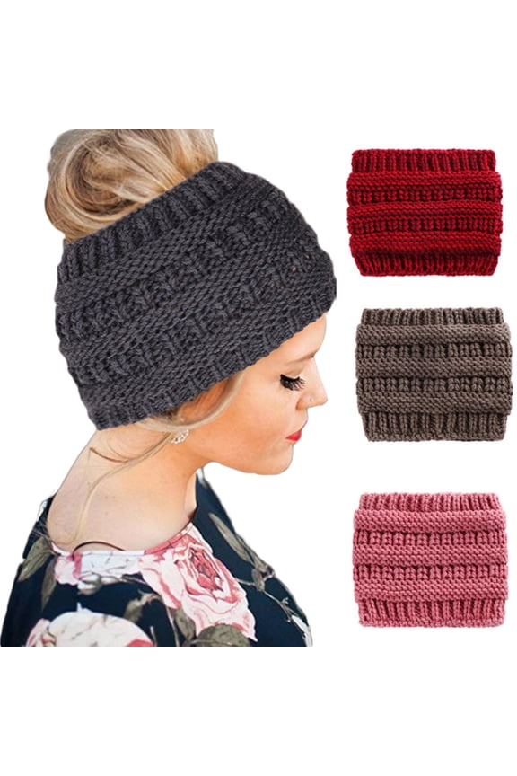 Fashion Women Winter Ponytail Hole Hair Cap Elastic Woolen Knitted Hat Headwrap