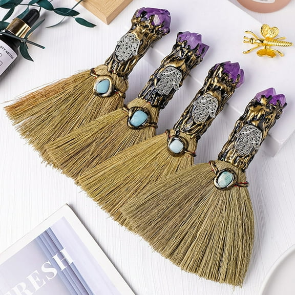 jiaroswwei Halloween Broom Figurine, Handmade Healing Stone Fake Crystal Mini Witch Broom Decoration Ornament Festival Gift