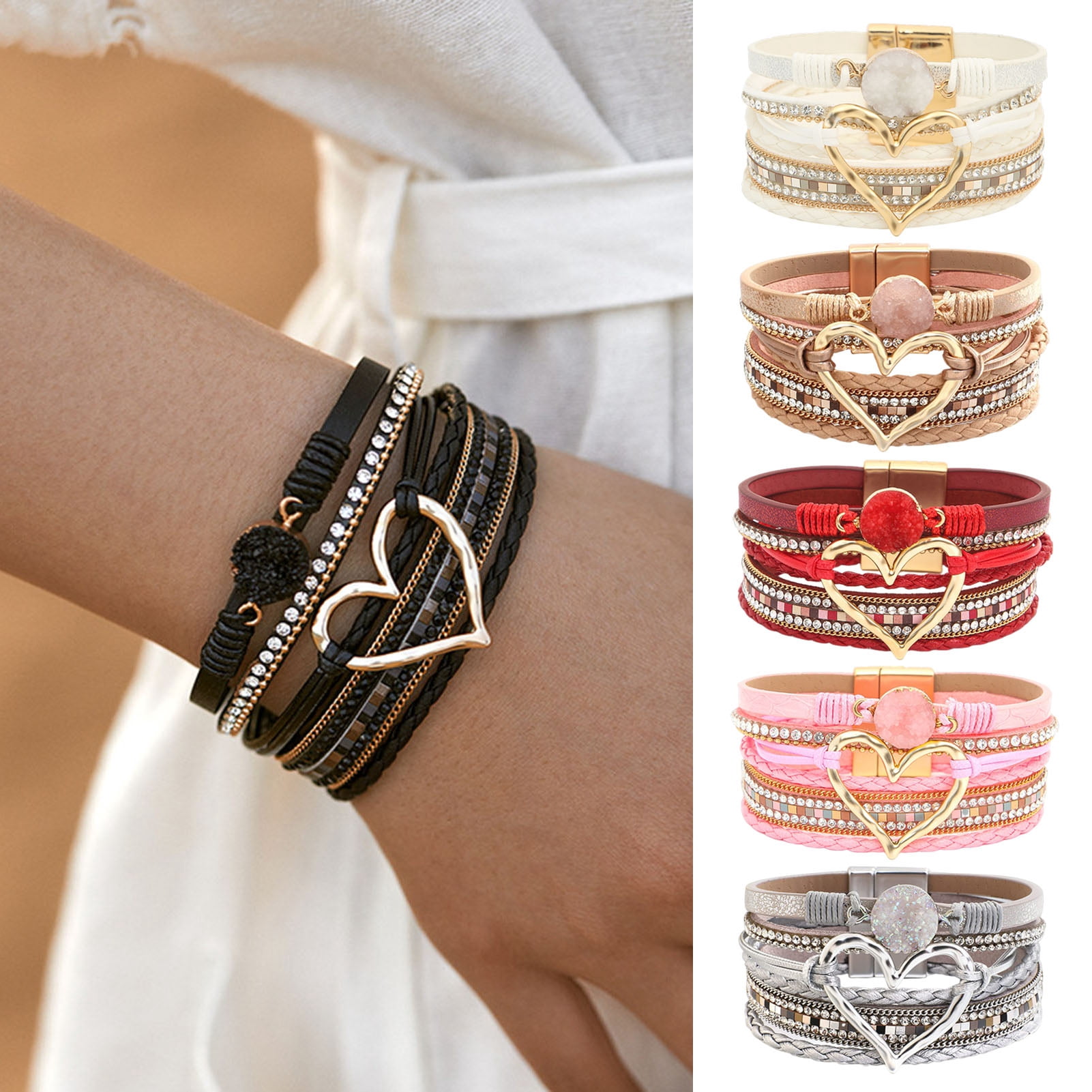 jiaroswwei Lady Bracelet Multi-layered Rhinestone Faux Leather Bohemian