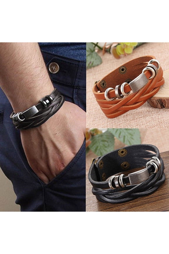 Men's Vintage Multilayer Braided Faux Leather Bangle Cuff Bracelet Wristband