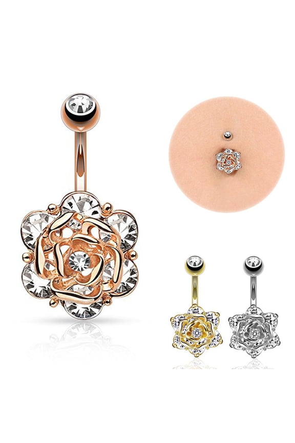 Rhinestone Navel Ring Rose Flower Belly Women Sexy Bar Piercing Body Jewelry