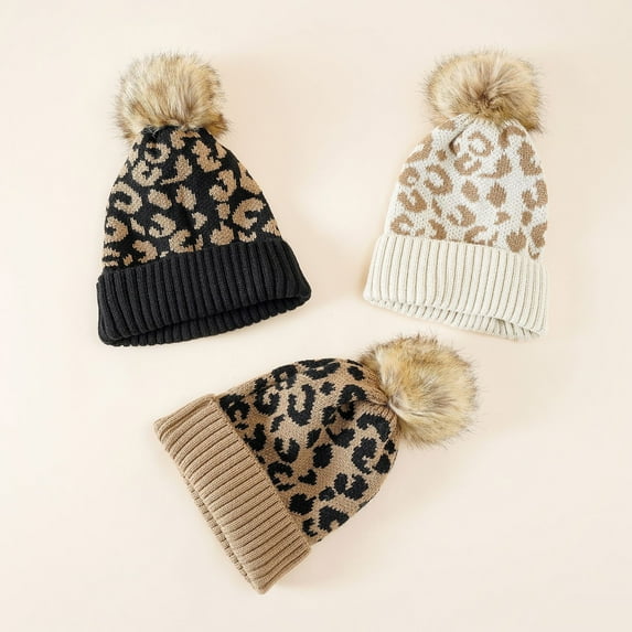 jiaroswwei Ribbed Edge Ear Knitted Hat Autumn Winter Plush Ball Leopard Print Knitted Beanie Cap for Cycling
