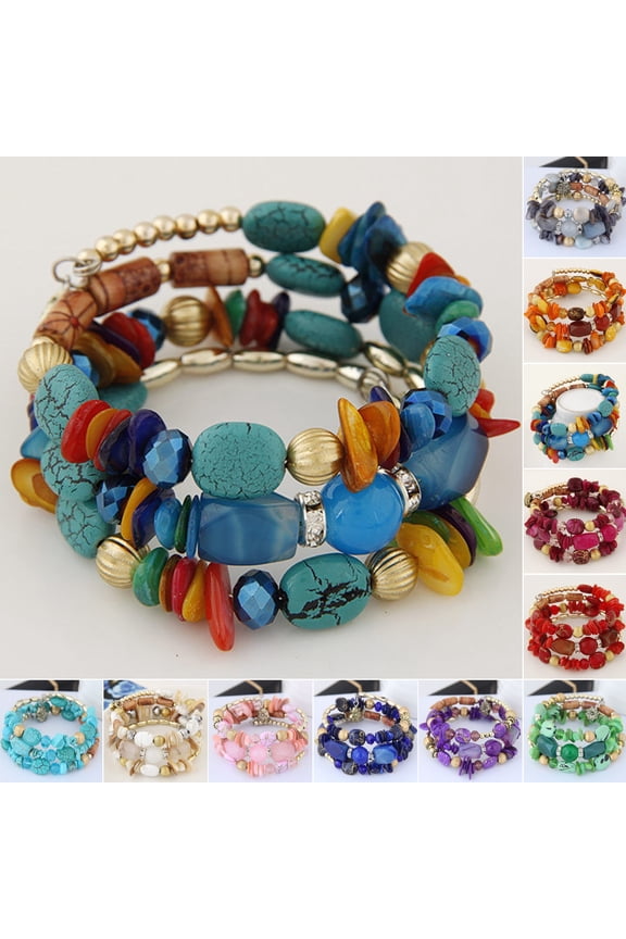 Unisex Bracelet Alloy Irregular Shape Stones Multi-layered Stacking Retro Ethnic Bohemian Faux Turquoise Faux Agate Adjustable Elastic Cord Wrist Jewelry