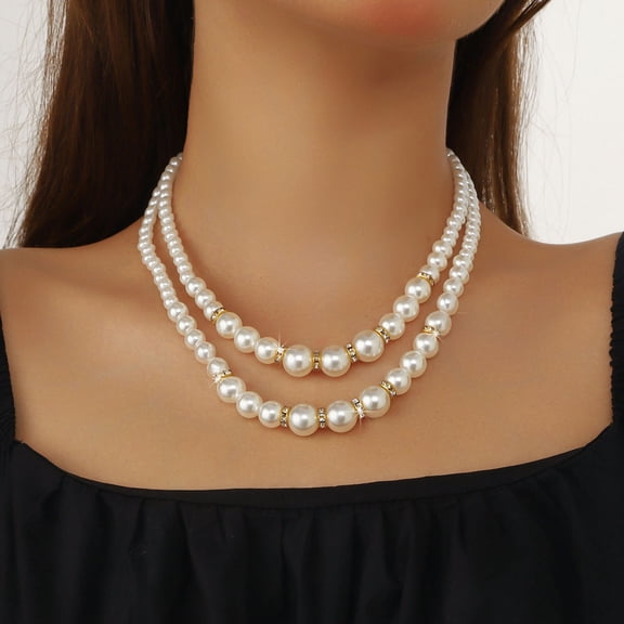 jiaroswwei White Faux Pearl Necklace Ladies 2 Strands Beads Choker Elegant Layered Necklace Jewelry for Dating Weddings Parties