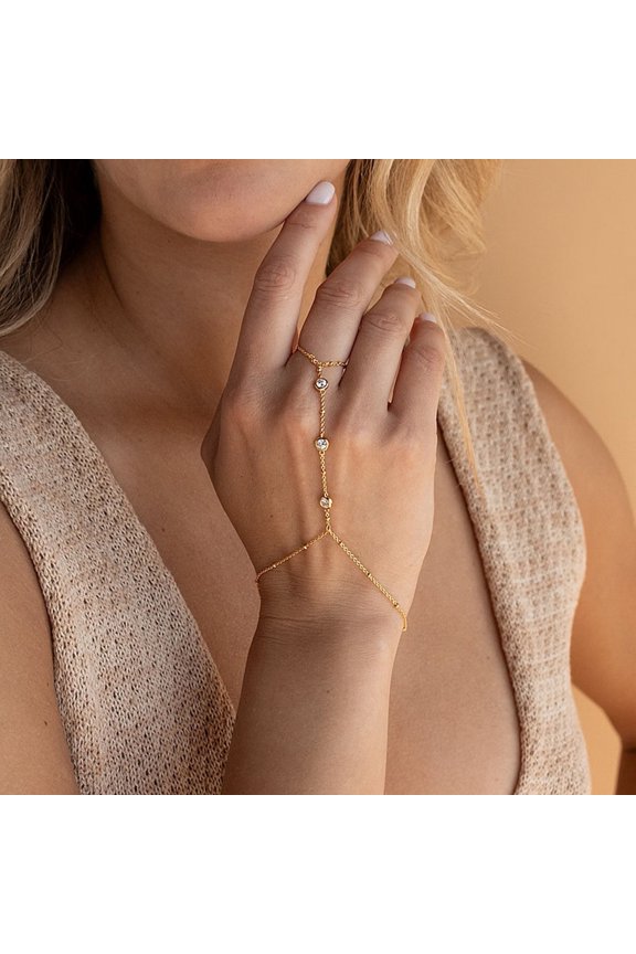 Women Bracelet Ring Integrated Alloy Retro Ethnic Rhinestone Decor Hand Chain Bracelet Ring Hollow Chain Finger Ring Bracelet Boho Beach Jewelry Gift