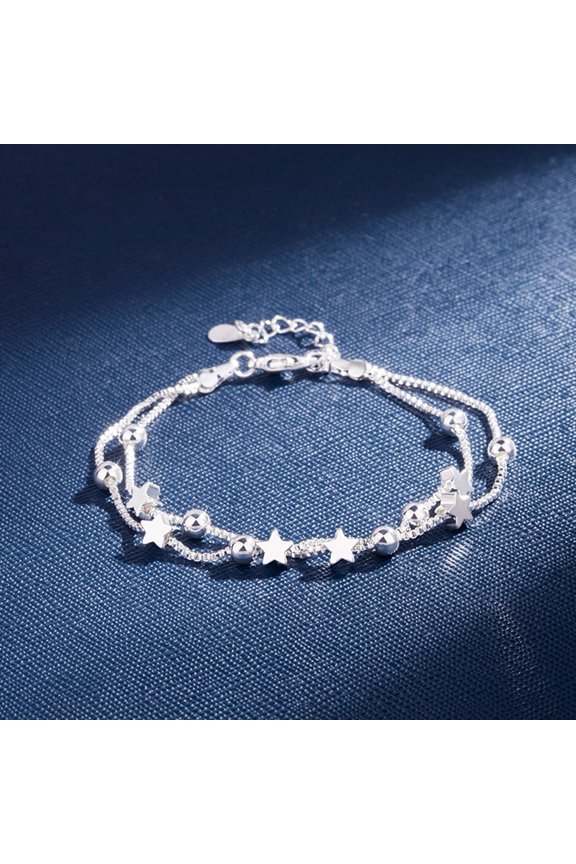 Women Bracelet Silver Color Polished Electroplated Double-layer Star Pendant Wrist Jewelry Anniversary Birthday Gift Prom Party Lightweight Bangle