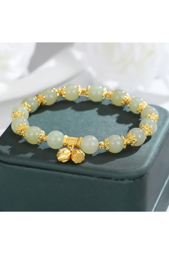 Women Bracelet with Elastic Cord Glazed Beads Lotus Flower Pendant Good Luck Contrast Color Bestie Birthday Gift Wrist Jewelry