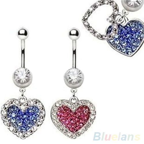 jiaroswwei Women Fashion Sexy Shiny Rhinestone Heart Pendant Body Piercing Navel Belly Ring