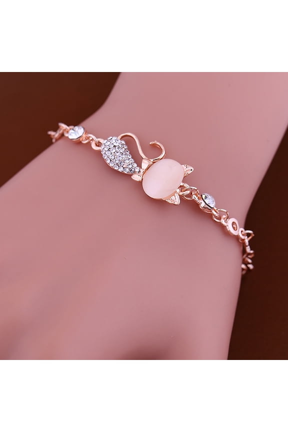 Women Ladies Lovely Cat Pendant Opal Rhinestone Bangle Bracelet Chain Jewelry for Daily Life