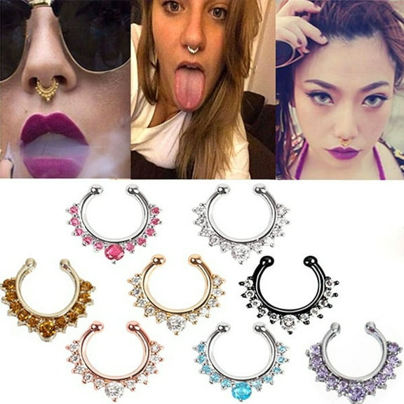 jiaroswwei Women's Fashion Punk Rhinestone Inlaid U-shaped Fake Septum Clicker Nose Rings