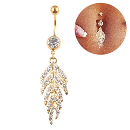 jiaroswwei Women's Rhinestone Leaf Belly Button Ring Body Piercing Jewelry Navel Ring