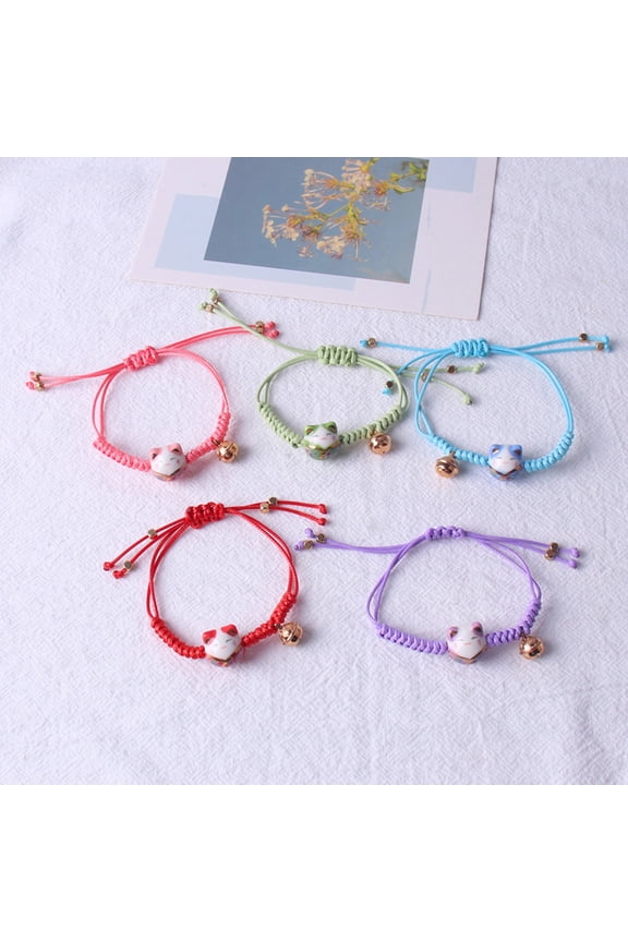 Wrist Bracelet Ceramic Cat Decor Small Bell Hand Made Adjustable Ornamental Decorate Temperament Braided Rope Charms String Bracelet for Daily Life