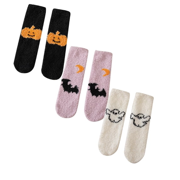 jiaxiM 3 Pairs Halloween Lounge Socks, Warm Socks, Fall‑themed Mid‑Calf Hosiery, Skin‑Friendly Fluffy Weave, Stretch Fit, Nice Present For Holiday Occasions