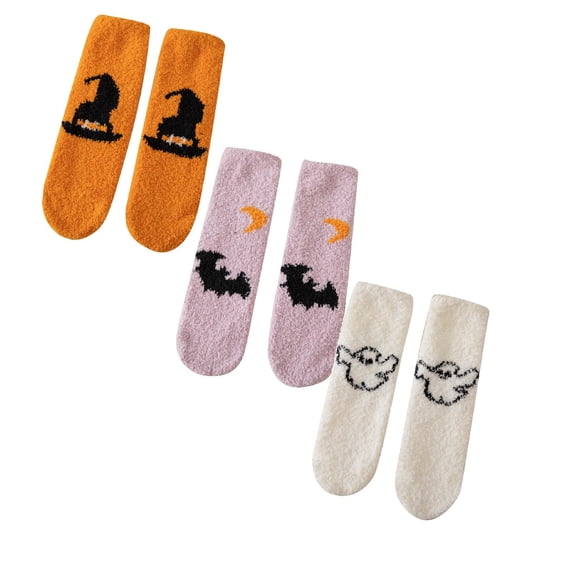 jiaxiM 3 Pairs Halloween Lounge Socks, Warm Socks, Fall‑themed Mid‑Calf Hosiery, Skin‑Friendly Fluffy Weave, Stretch Fit, Nice Present For Holiday Occasions