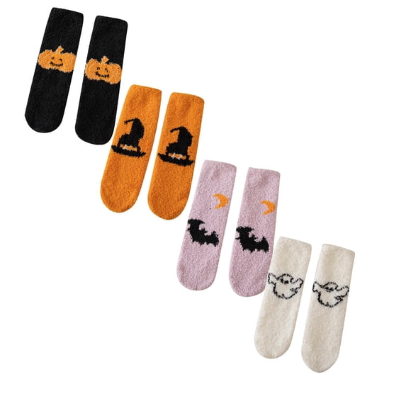 jiaxiM 4 Pairs Halloween Lounge Socks, Warm Socks, Fall‑themed Mid‑Calf Hosiery, Skin‑Friendly Fluffy Weave, Stretch Fit, Nice Present For Holiday Occasions