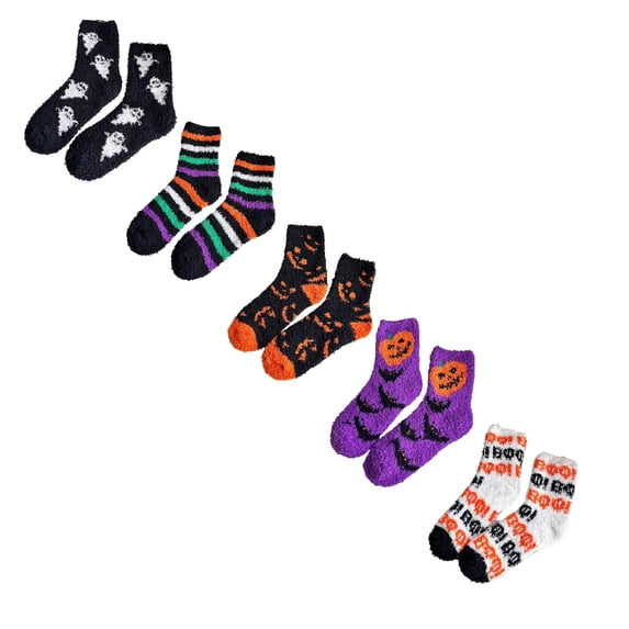 jiaxiM 5 Pairs Fall Fuzzy Socks, Lounge Socks, Halloween Mid‑Calf Sock Set, Breathable Plush Textile, Expandable Silhouette, Cozy Wear For Cool Evenings