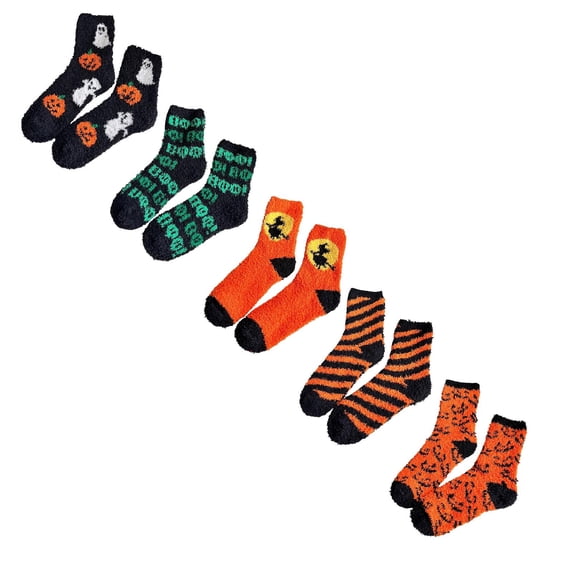 jiaxiM 5 Pairs Halloween Socks, Fuzzy Socks, Cozy Fall Mid‑Calf Socks, Soft Plush Fabric, Stretchy Cuff, Warm Loungewear Socks For Holiday Daily Indoor Use