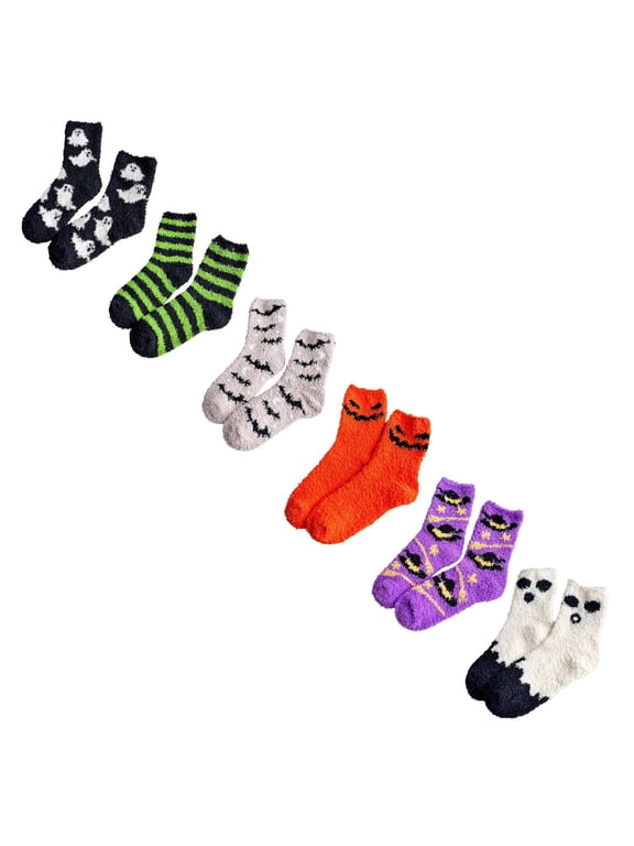 6 Pairs Halloween Fuzzy Socks, House Socks, Seasonal Fall MidâCalf Footwear, Snug Plush Construction, Flexible Top , Ideal Holiday Gift Choice