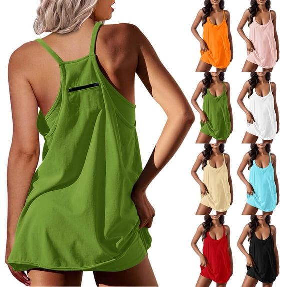 jiaxiM Athletic Dress for Women Solid Color Sleeveless Oversized Dress Summer Tennis Active Sports Dresses With Pockets Built in Shorts