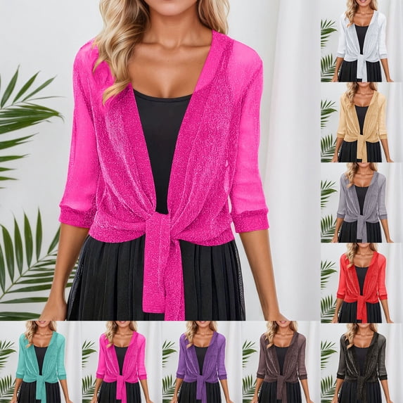 jiaxiM Cardigan for Women 3/4 Sleeves Open Front Lightweight Soft Netted Knit Cardigan Draped Ruffles Kimono Cover Ups