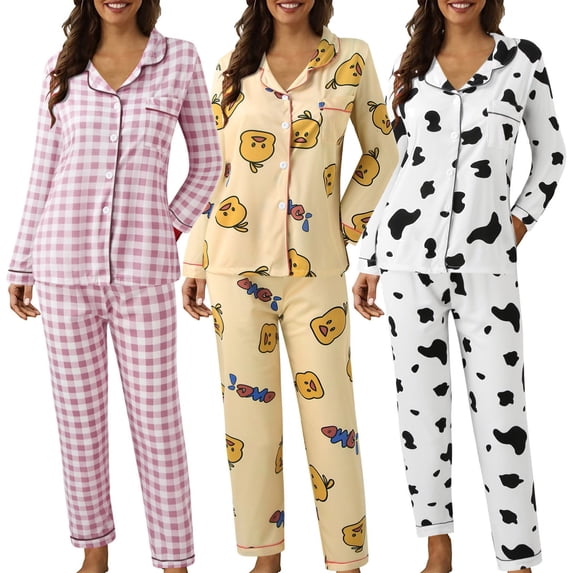 jiaxiM Cotton Pajamas for Women Set Button Down 2 Piece Lapel Printing Pjs Long Sleeve Casual Loose Sleepwear with Pockets