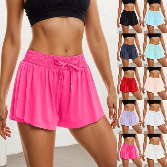 jiaxiM Flowy Shorts for Women 2 in 1 Solid Color Running Athletic Short Drawstring High Waisted Workout Tennis Gym Short with Liner Pockets