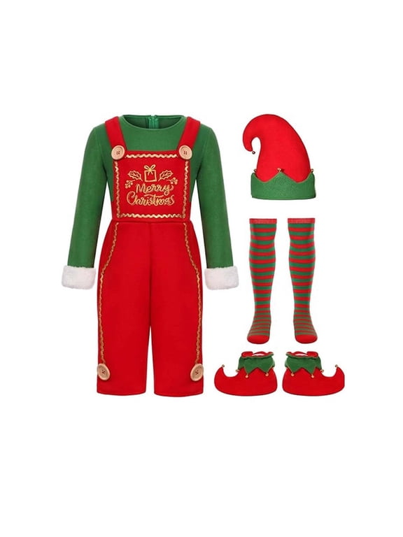 Girls Boys Elf Overalls Red Green with Hat Christmas Holiday Party Outfit