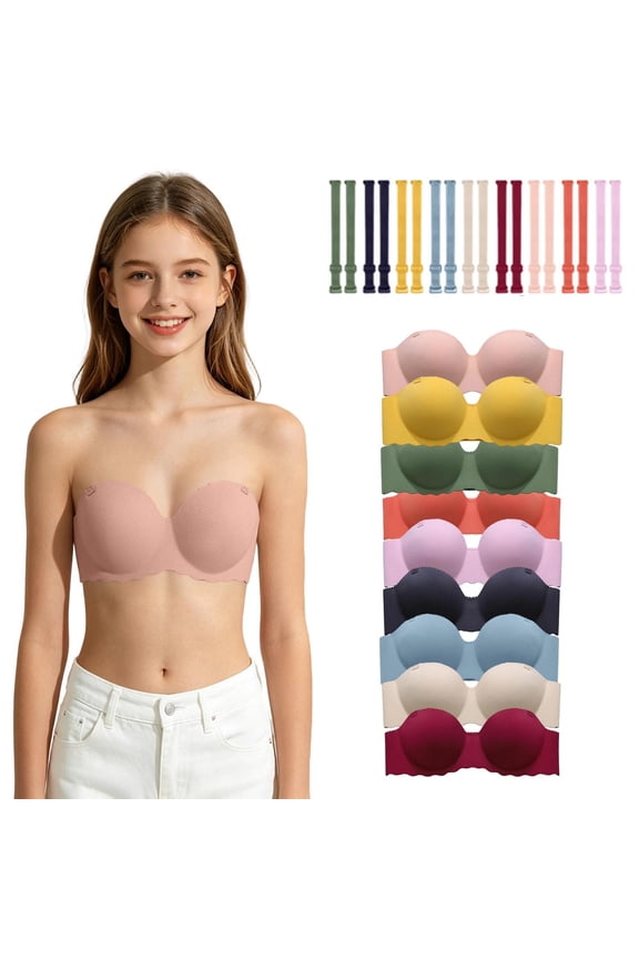 Girls Strapless Bra Seamless Soft Bandeau Bra Anti-Slip Training Bras Dance Tube Top with Adjustable Straps 13-18Y