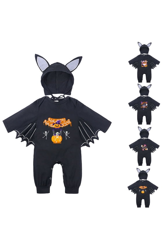 Halloween Newborn Bat Ear Hooded Onesie Glowing Front Print Detachable Bat Wings Breathable Soft Fabric Infant Fall Gathering Outfit Trick Or Treat Photo Prop
