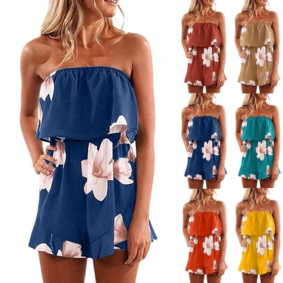 jiaxiM Jumpsuits for Women Dressy Strapless Off Shoulder Flower Ruffled Beachwear Shorts Tube Rompers Jumpsuits
