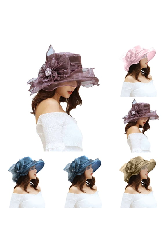 Kentucky Derby Hats Vintage Organza Floral Wide Brim Flat Top Hat Fascinator Hat Bridal Wedding Dress Hat for Women Tea Party