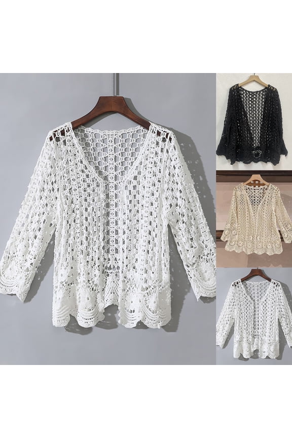 Lightweight Cardigans for Women Long Sleeve Open Front Cardigan Sweaters Hollow Out Crochet Knit Summer Beach Vacation Coverups