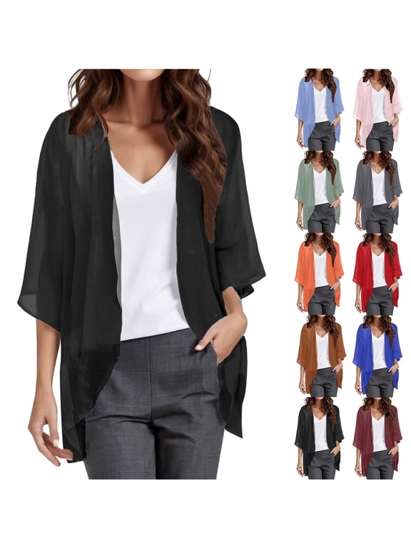 Lightweight Cardigans for Women Solid Color Chiffon Kimono Cardigans Loose Beach Cover Up Half Sleeve Tops