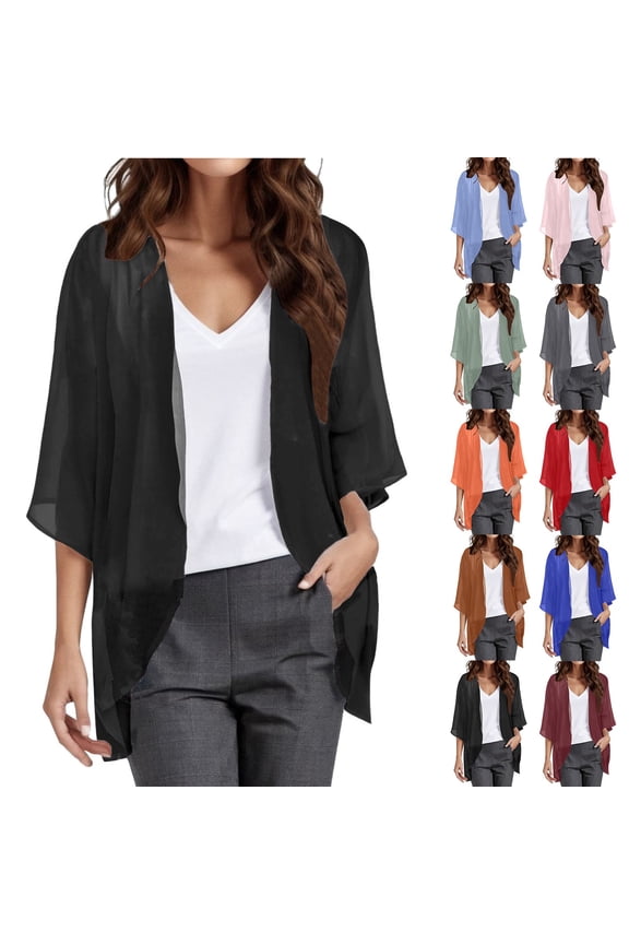 Lightweight Cardigans for Women Solid Color Chiffon Kimono Cardigans Loose Beach Cover Up Half Sleeve Tops