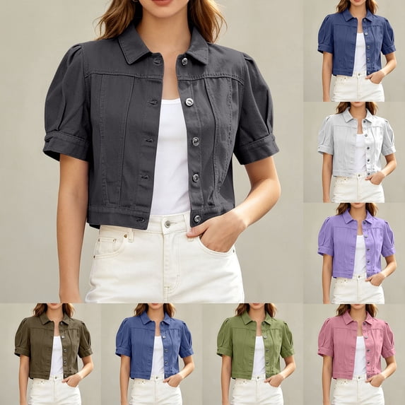 jiaxiM Lightweight Jacket Women Casual Short Sleeve Denim Jacket Puff Sleeves Button-Down Loose Fit Denim Jacket