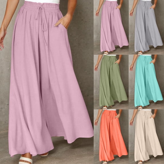 jiaxiM Linen Wide Leg Pants for Women High Waisted Palazzo Pants Drawstring Flowy Womens Trousers Lounge Pants Summer Beach Vacation Outfits
