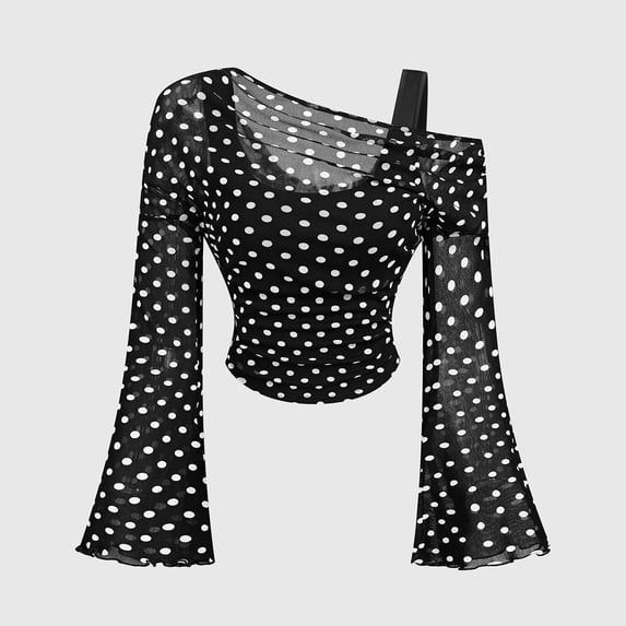 jiaxiM Off Shoulder Tops for Women Plus Size 2 in 1 T Shirt Ruched Sheer Bell Long Sleeve Tee