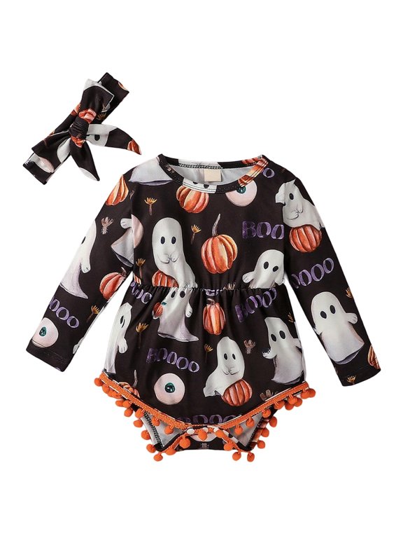 Overall Romper, Jumpsuit, Halloween Seasonal One‑Piece Outfit, Mixed Holiday Element Print, Long Sleeve Loose Fit, Soft Fabric For Indoor Outdoor Use