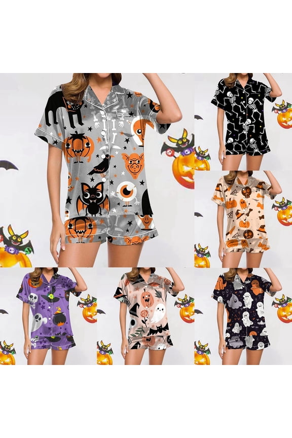 Pajamas for Women Set Cotton Soft Silk Satin 2 Piece Button Up Satin Pjs Short Sleeve Ruffle Notch Collar Cute Pumpkin Lounge Set Soft Summer Sleepwear Shorts Sets