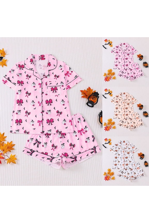Pajamas for Women Set Cotton Soft Silk Satin 2 Piece Short Sleeve Silky Pj Short Set Ruffle Notch Collar Floral Skull Lounge Sets Soft Nightwear Soft Comfy Gothic Sleepwear with Pockets