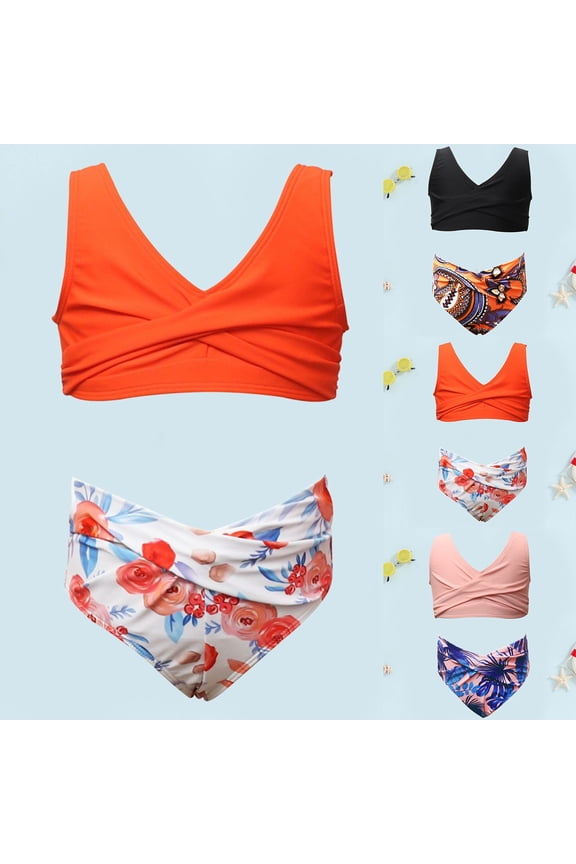 Ruffle Butts Girls Swimsuits Two Piece Tropical Floral Ruched Side Bikini Tie-Straps Modest Ruched Girls Bathing Suit Quick-Dry Beach Swimwear with Cover Up Skirt